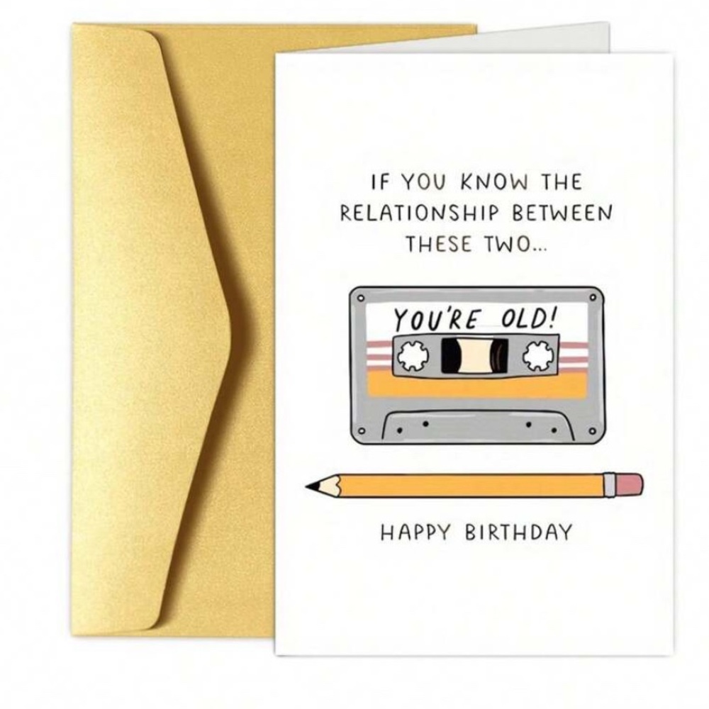 Humorous Birthday Card - Cassette Tape & Pencil